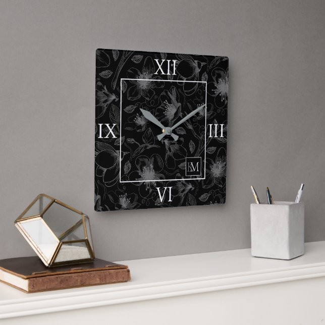 Sketched Floral Outline Lg Roman Grey/Blk ID939 Square Wall Clock (Office)