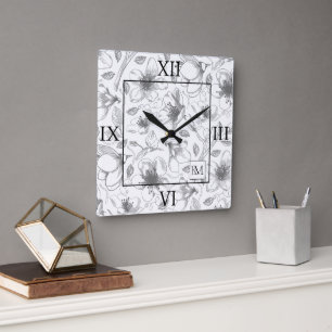 Sketched Floral Outline Lg Roman Grey/Wht ID939 Square Wall Clock