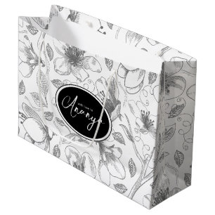 Sketched Floral Outline Pattern Black/Wht ID939 Large Gift Bag