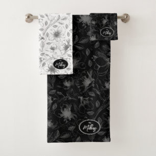 Sketched Floral Outline Pattern Gray/Blk ID939 Bath Towel Set