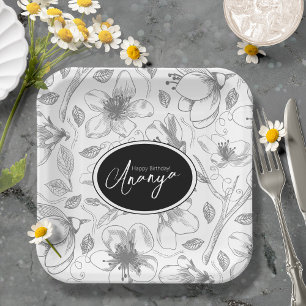 Sketched Floral Outline Pattern Gray/Wht ID939 Paper Plate