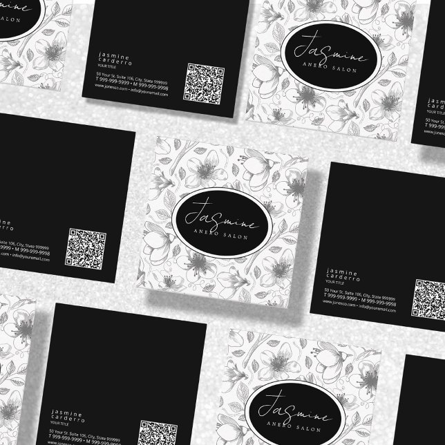 Sketched Floral Outline Pattern Gray/Wht ID939 Square Business Card (Creator Uploaded)