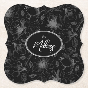 Sketched Floral Outline Pattern Grey/Blk ID939 Paper Coaster