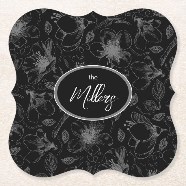 Sketched Floral Outline Pattern Grey/Blk ID939 Paper Coaster (Front)