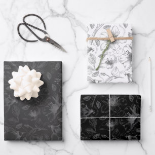 Sketched Floral Outline Pattern Grey/Wht/Bk ID939  Wrapping Paper Sheet