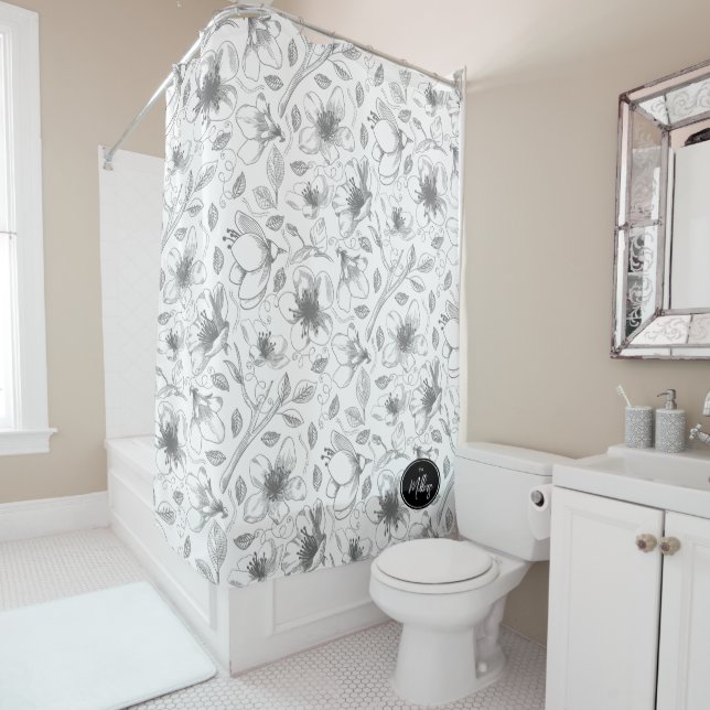 Sketched Floral Outline Pattern Grey/Wht ID939 (In Situ)