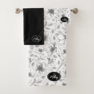 Sketched Floral Outline Pattern Grey/Wht ID939 Bath Towel Set