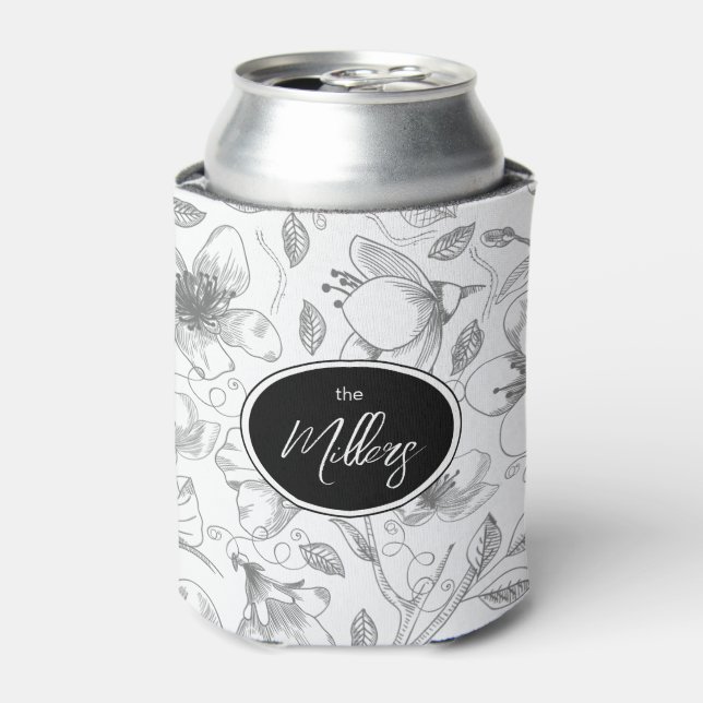 Sketched Floral Outline Pattern Grey/Wht ID939 Can Cooler (Can Front)