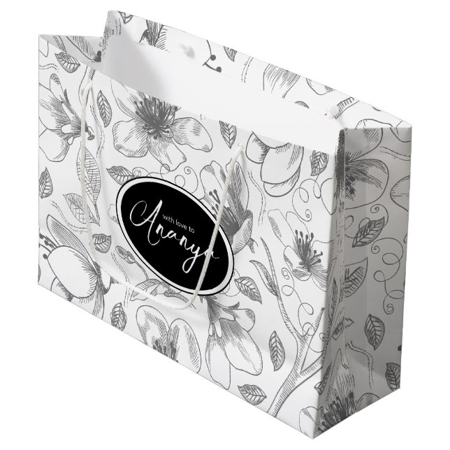 Sketched Floral Outline Pattern Grey/Wht ID939  Large Gift Bag (Front Angled)