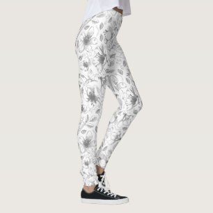 Sketched Floral Outline Pattern Grey/Wht ID939 Leggings