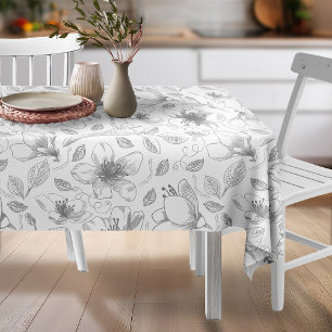 Sketched Floral Outline Pattern Grey/Wht ID939  Tablecloth