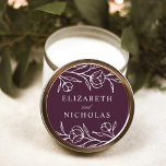 Sketched Floral Purple Wedding Classic Round Sticker<br><div class="desc">Elegant floral wedding stickers featuring white sketched flowers and leaves with a dark purple background. Personalize the sketched floral wedding stickers with your names. The floral stickers are perfect for sealing wedding envelopes,  wedding favours,  and more! Designed to coordinate with our Sketched Floral wedding collection.</div>