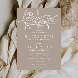 Sketched Floral Taupe Wedding Invitation