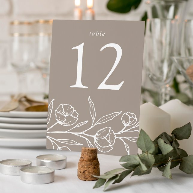 Sketched Floral Taupe Wedding Table Number (Creator Uploaded)
