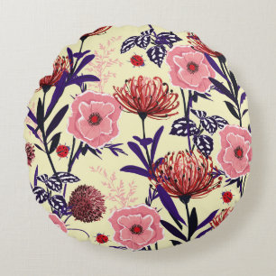 Sketched flower design in bright colors seamless p round pillow