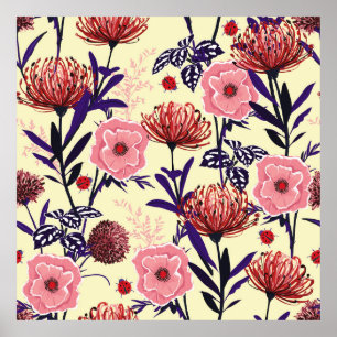 Sketched flower design in bright colours seamless  poster