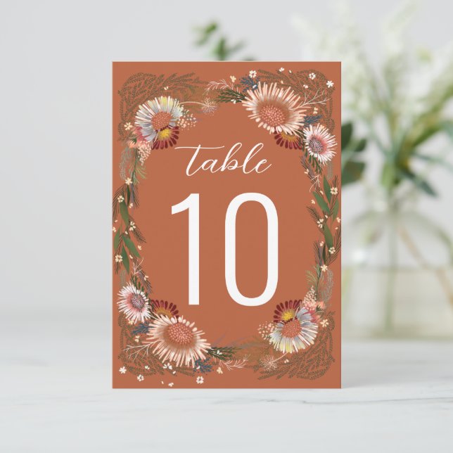 Sketched Flowers Boho Terracotta Table Number (Standing Front)