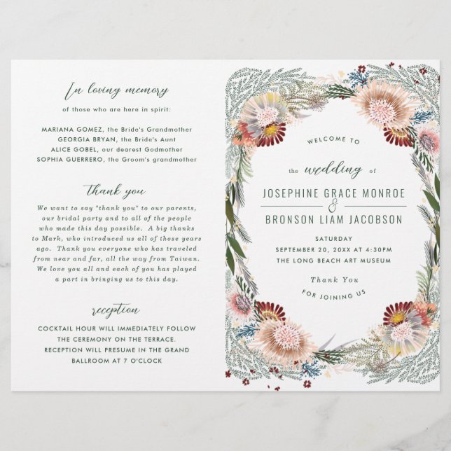 Sketched Flowers Unique Boho Wedding Program (Front)