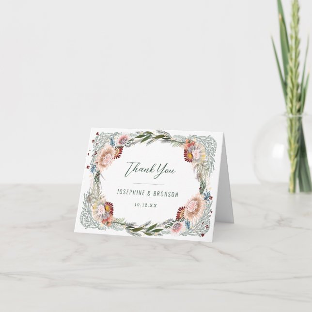 Sketched Flowers Unique White Wedding Thank You Card (Front)