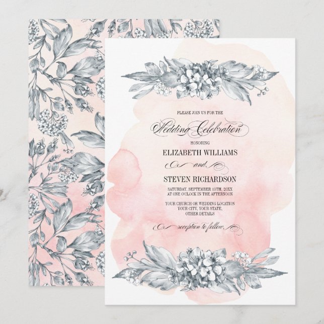 Sketched Flowers Watercolor Blush Pink Wedding Invitation (Front/Back)