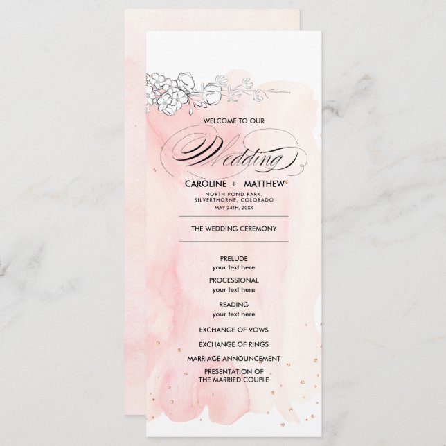 Sketched Flowers Watercolor Wedding Program Cards (Front/Back)