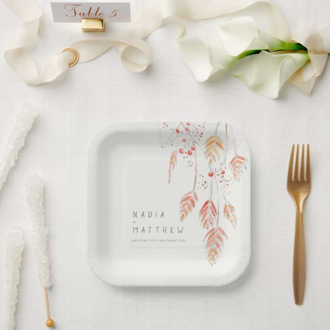 Sketched grass berries watercolor fall wedding paper plate (Wedding)