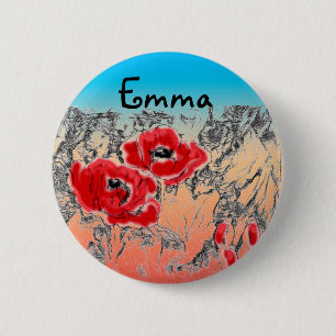 Sketched grey black red flowers poppies floral gra 2 inch round button