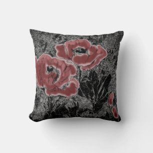 Sketched grey black red flowers poppies floral gra throw pillow