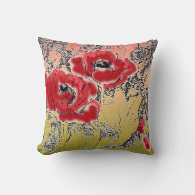 Sketched grey black red flowers poppies floral gra throw pillow (Front)