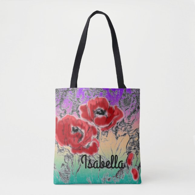 Sketched grey black red flowers poppies floral gra tote bag (Front)