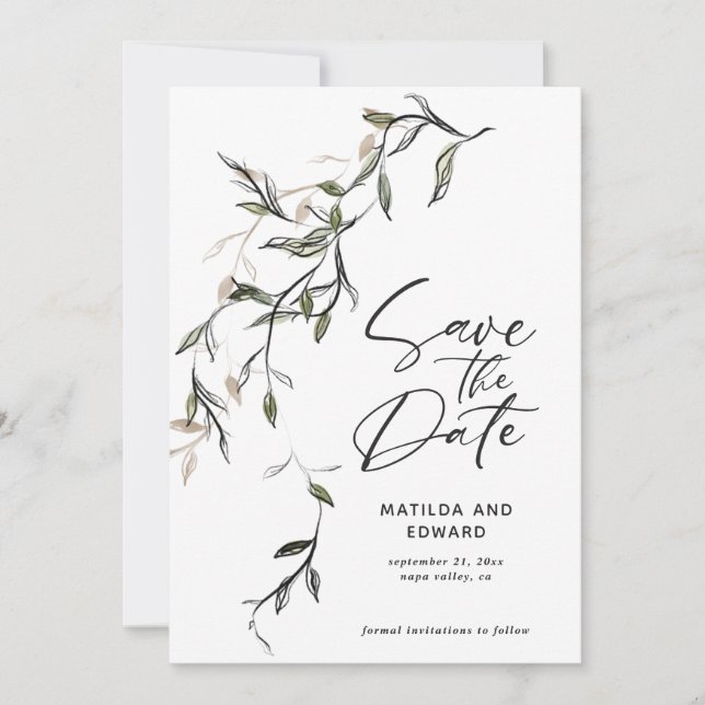 Sketched leaf botanical foliage modern wedding save the date (Front)