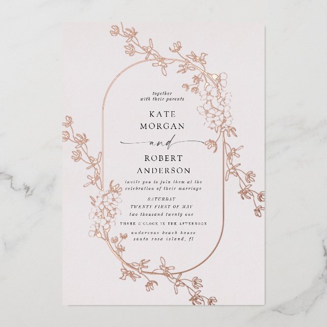 sketched modern floral wedding foil invitation (Front)