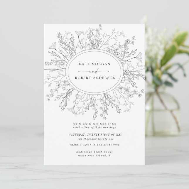 Sketched Modern Floral Wreath Wedding Invitation (Standing Front)