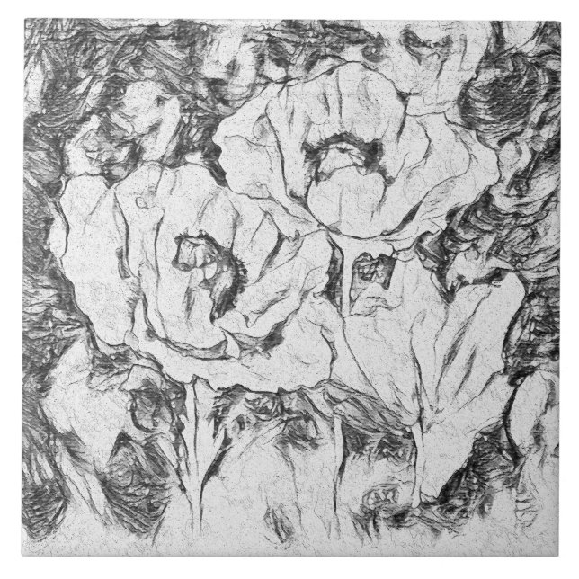 Sketched pen hand drawn poppies flowers floral whi tile (Front)