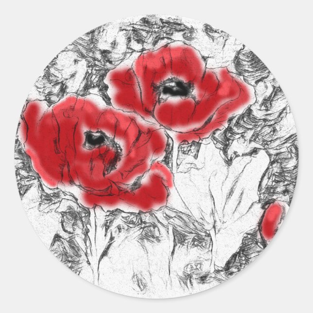 Sketched pen hand drawn red poppies flowers floral classic round sticker (Front)