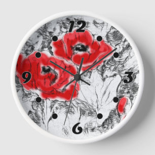 Sketched pen hand drawn red poppies flowers floral clock