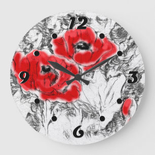Sketched pen hand drawn red poppies flowers floral large clock