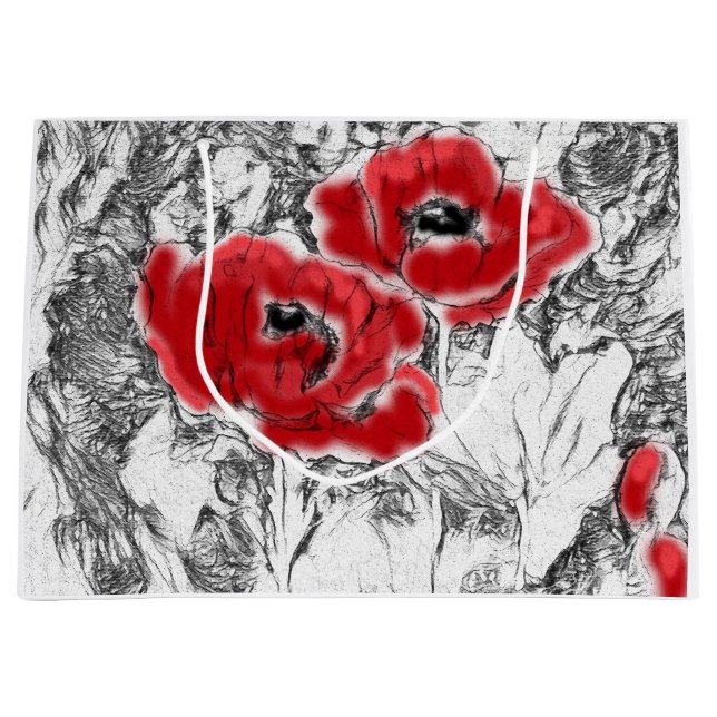 Sketched pen hand drawn red poppies flowers floral large gift bag (Front)
