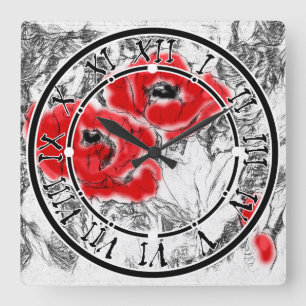 Sketched pen hand drawn red poppies flowers floral square wall clock