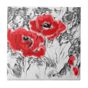 Sketched pen hand drawn red poppies flowers floral tile