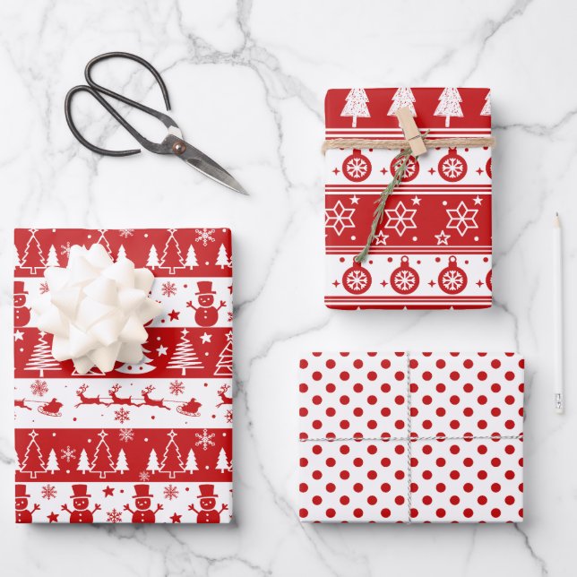 Sketched Red White Holiday Wrapping Paper (Front)