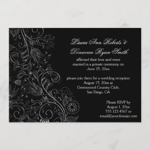 Sketched Silver Swirls Flowers on Black Wedding Invitation