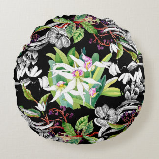 Sketched snowdrops and blooming orchids flowers se round pillow