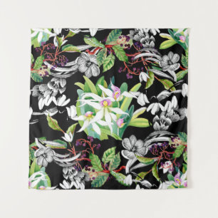 Sketched snowdrops and blooming orchids flowers se tapestry