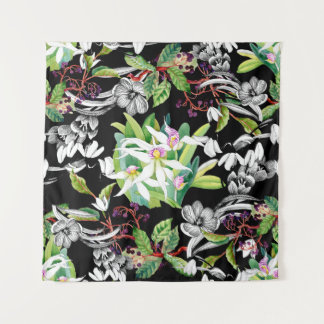 Sketched snowdrops and blooming orchids flowers se tapestry