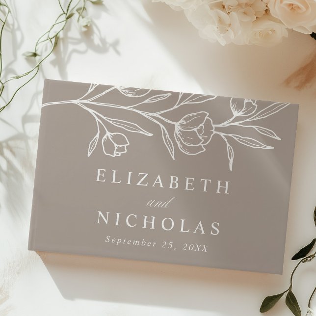 Sketched Taupe Floral Photo Wedding Guest Book (Creator Uploaded)