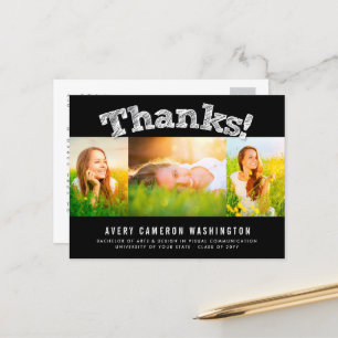 Sketched Thanks Multi 3 Photo Graduation Thank You Postcard