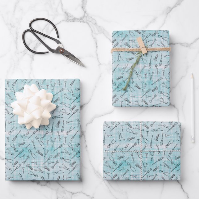 Sketched Tools on Blue & White Linen Wrapping Paper Sheet (Front)