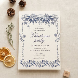 Sketched Vintage Blue Golden Christmas Party Invitation