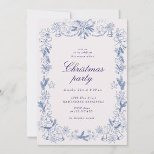 Sketched Vintage Blue Golden Christmas Party Invitation